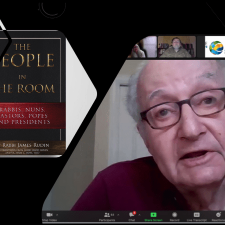 A photo of Jim Rudin from his Zoom conversation with a photo of the cover of his book, The People In the Room.
