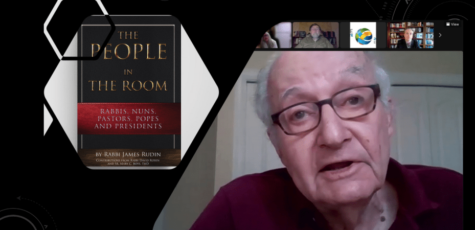 A photo of Jim Rudin from his Zoom conversation with a photo of the cover of his book, The People In the Room.