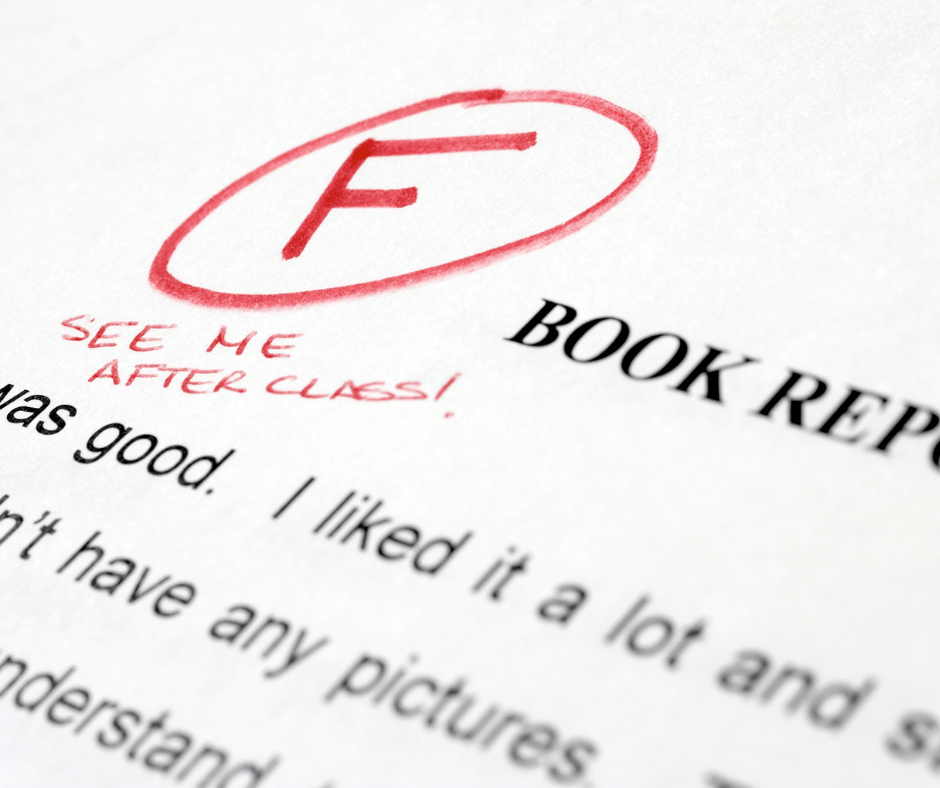 The top portion of a typed book report with a circled "F" in red ink, with a note to "See me after class!"